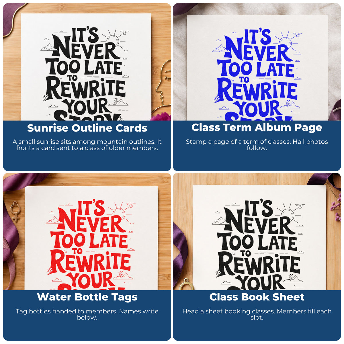 Four ways to use the Duo Hand Never Late Rewrite Story Rubber Stamp: sunrise outline cards, class term album page, water bottle tags and class book sheet.