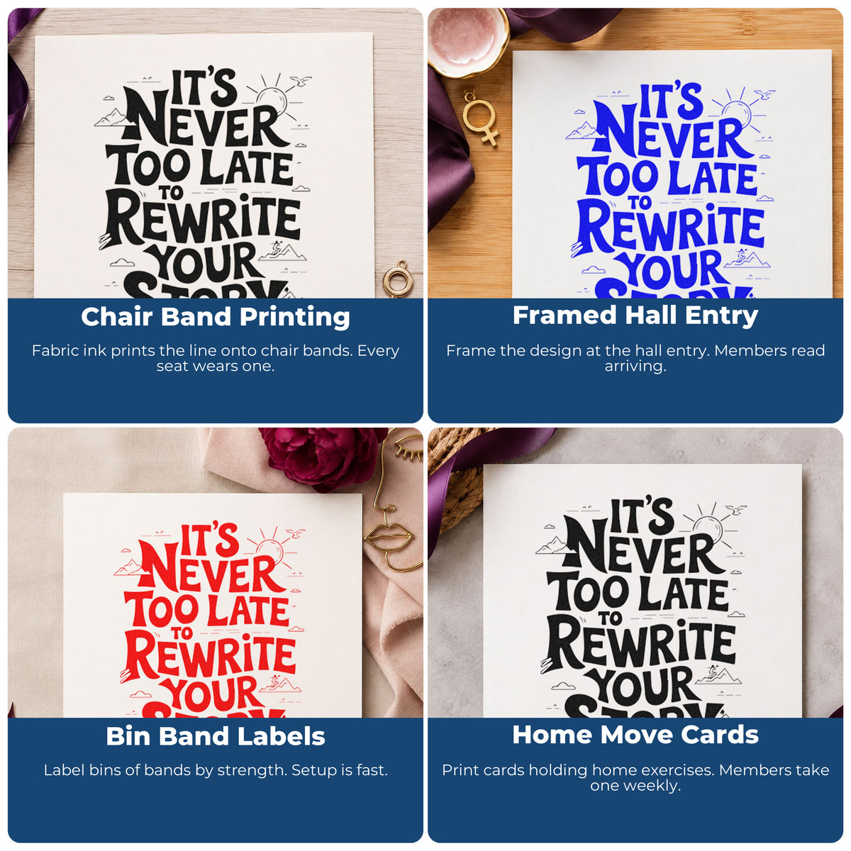 Four ways to use the Duo Hand Never Late Rewrite Story Rubber Stamp: chair band printing, framed hall entry, bin band labels and home move cards.