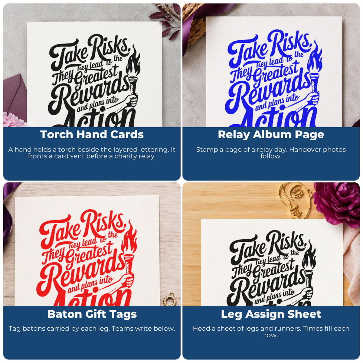 Four ways to use the Self-Inking Take Risks Torch Lettering Stamp: torch hand cards, relay album page, baton gift tags and leg assign sheet.