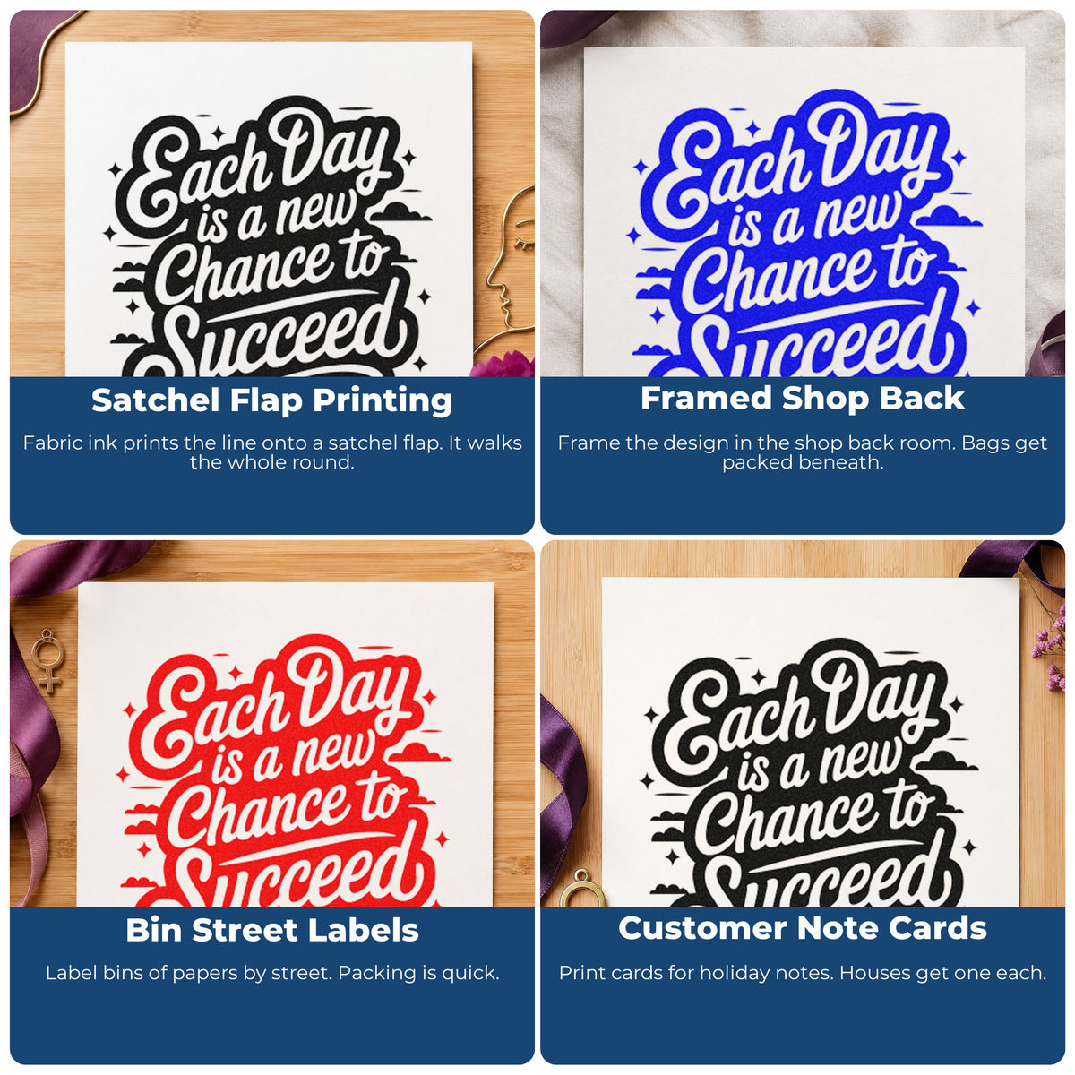 Four ways to use the Each Day Chance Succeed Stamp – Wood Handle: satchel flap printing, framed shop back, bin street labels and customer note cards.