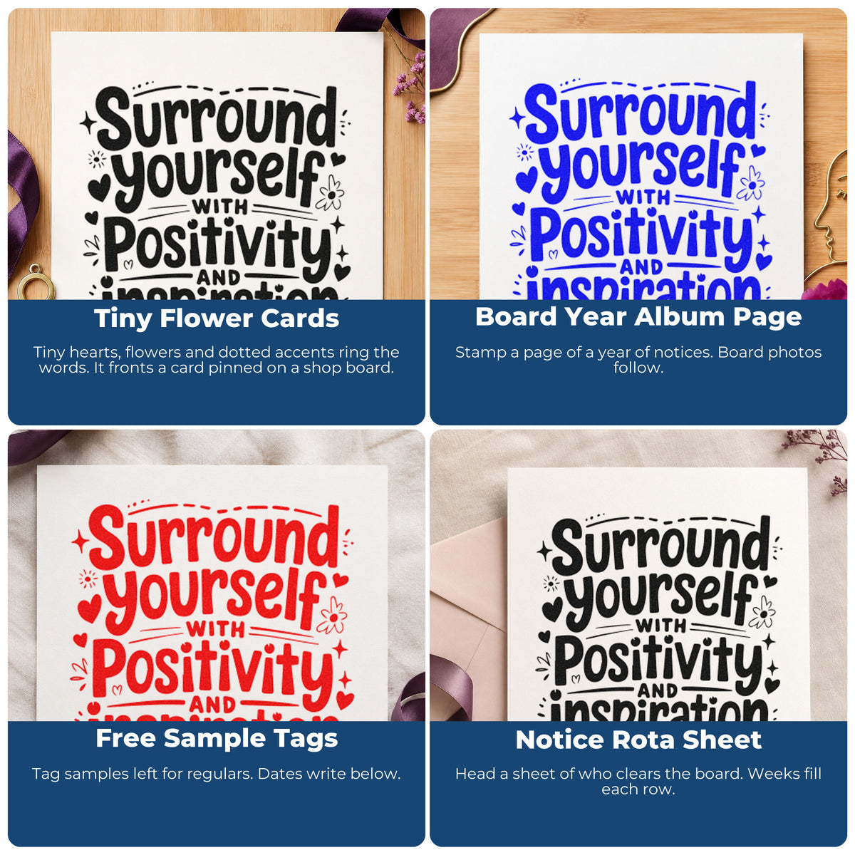 Rubber stamp inspiration collage showing motivational quote stamps for scrapbooks, cardmaking, journaling, and gift tags.