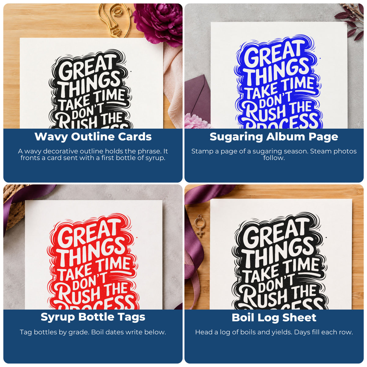 Motivational rubber stamp designs for scrapbooks, cardmaking, journaling, and gift tags with uplifting phrases.
