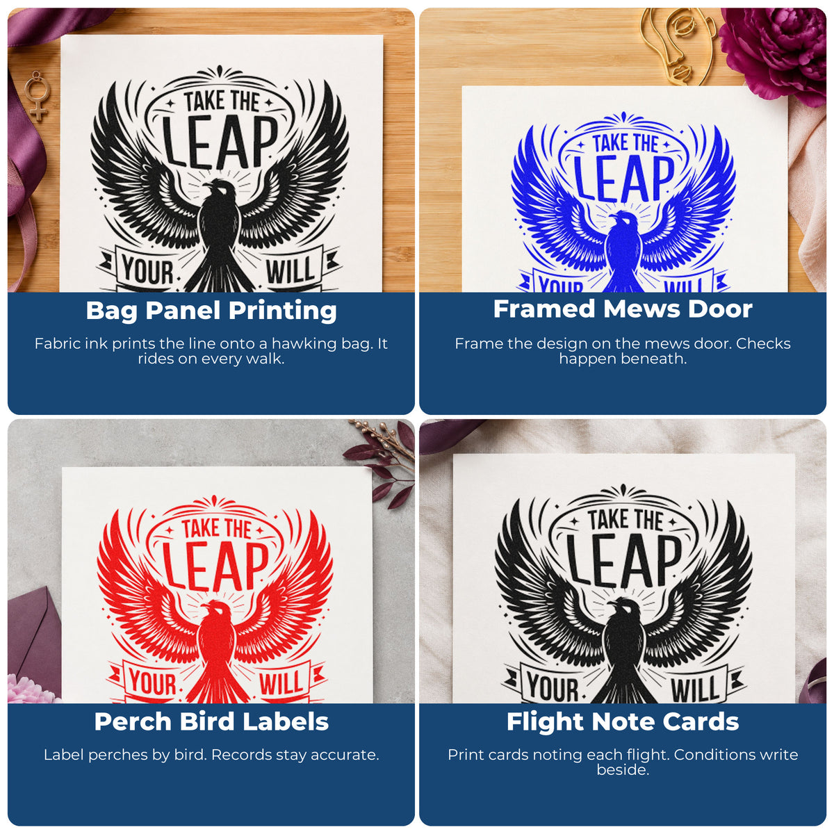 Four ways to use the Take The Leap Spread-Wing Bird Slim Pre-Inked Stamp: bag panel printing, framed mews door, perch bird labels and flight note cards.