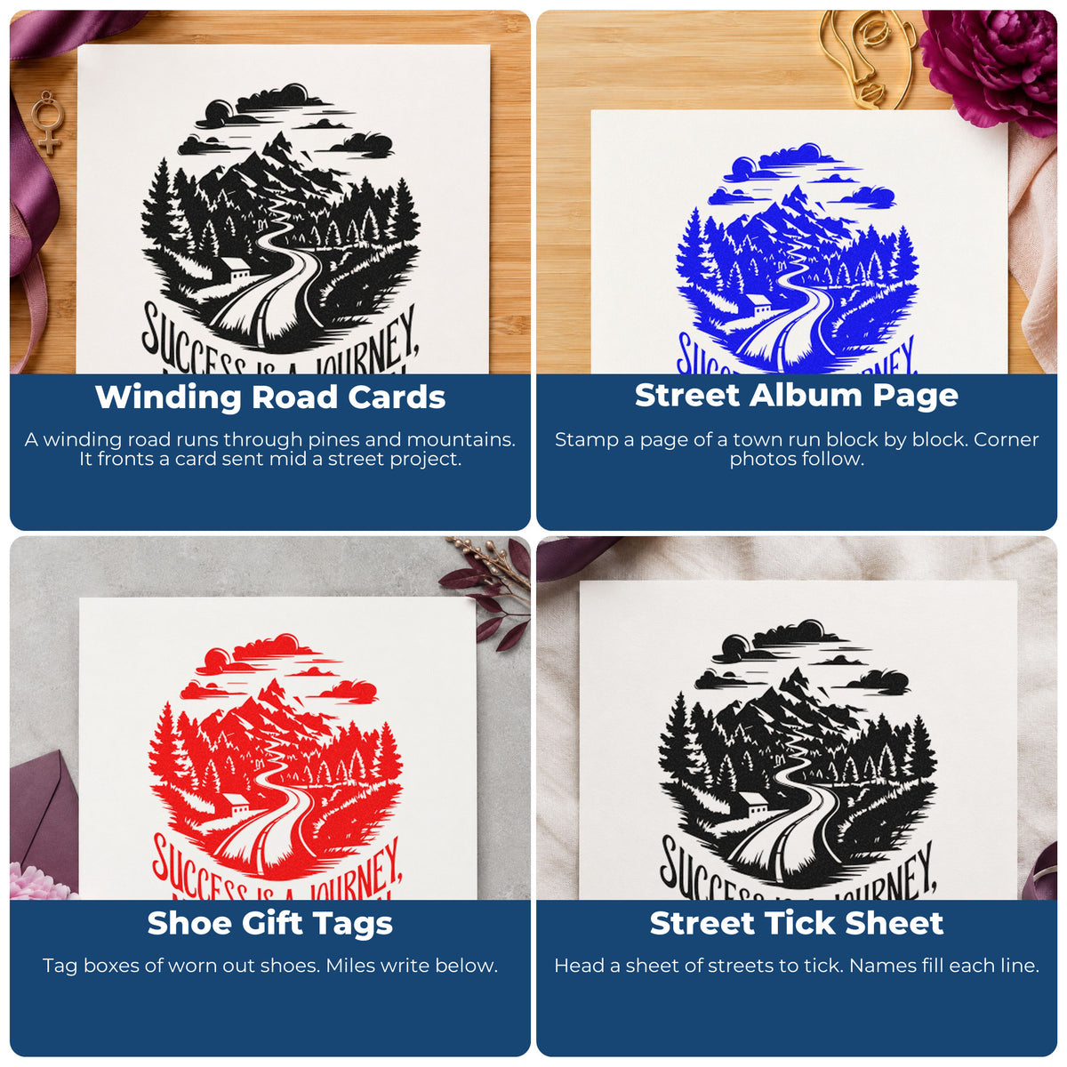 Four ways to use the Success Journey Mountain Road Pine Motif PSI Pre-Inked Stamp: winding road cards, street album page, shoe gift tags and street tick sheet.