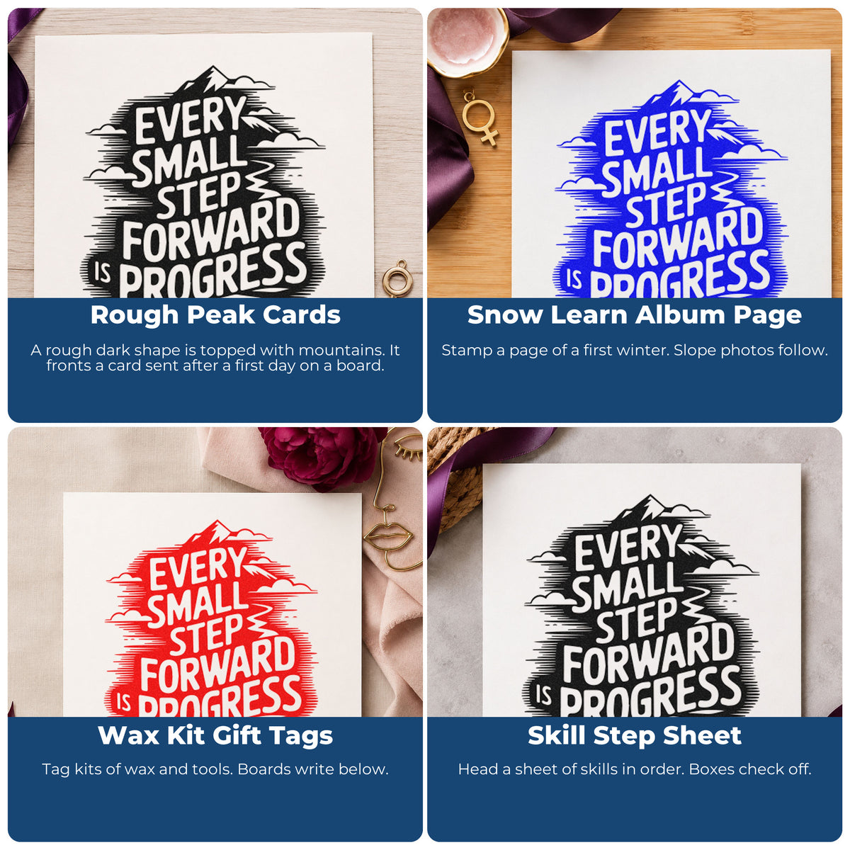 Motivational rubber stamp ideas for scrapbooks, cardmaking, journaling, and gift tags with uplifting quote designs.
