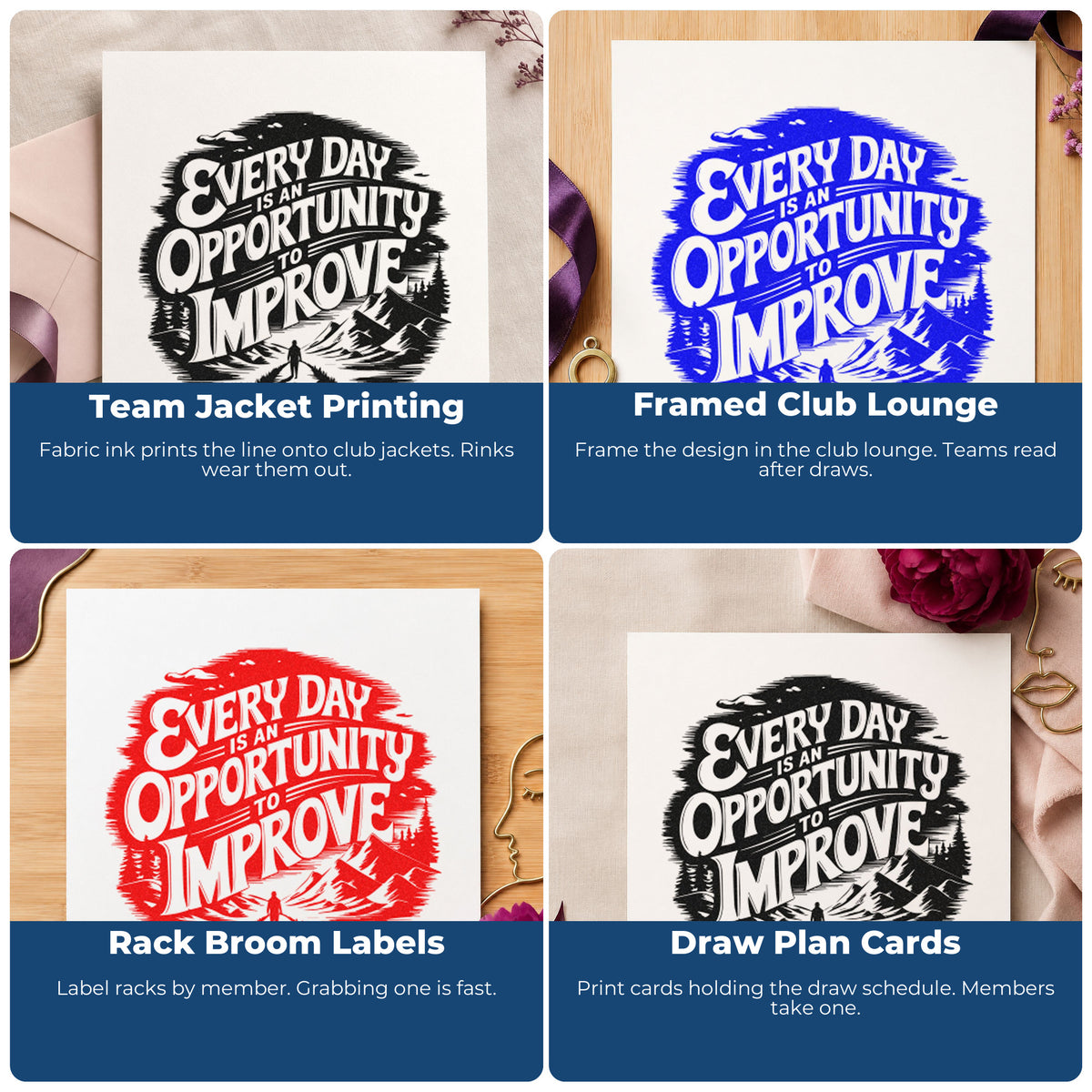 Four ways to use the Every Day Opportunity Improve Stamp – PSI Pre-Inked: team jacket printing, framed club lounge, rack broom labels and draw plan cards.
