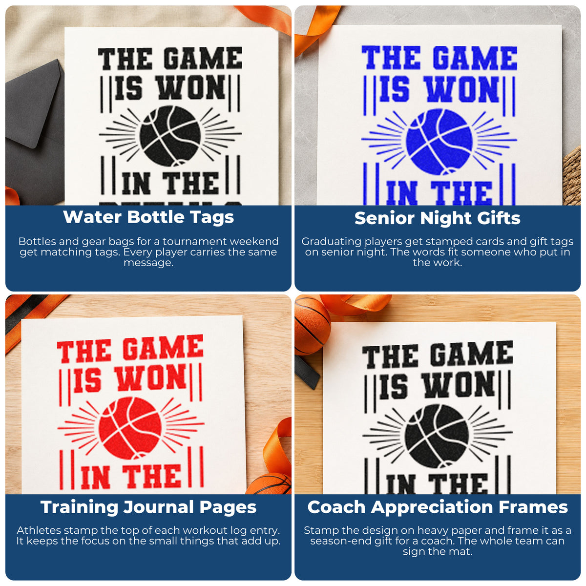 Four ways to use the The Game Is Won In The Details Rubber Stamp – Wood Handle: water bottle tags, senior night gifts, training journal pages and coach appreciation frames.