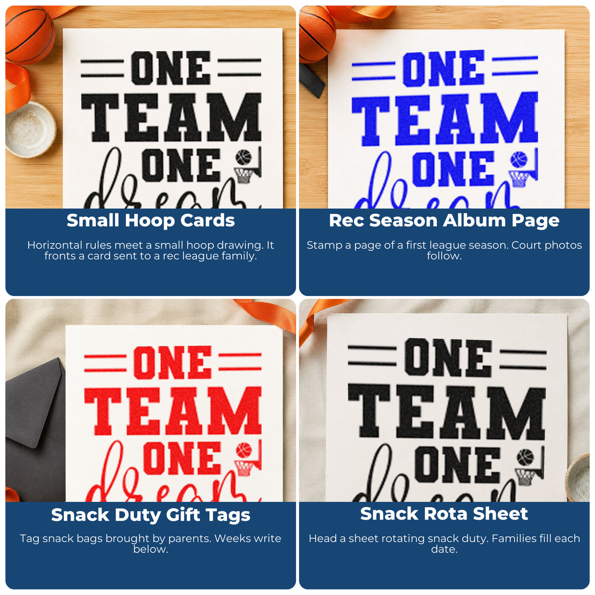 Collage of sports rubber stamp designs for scrapbook pages, coach thank-you cards, birthday parties, and custom gift wrap.