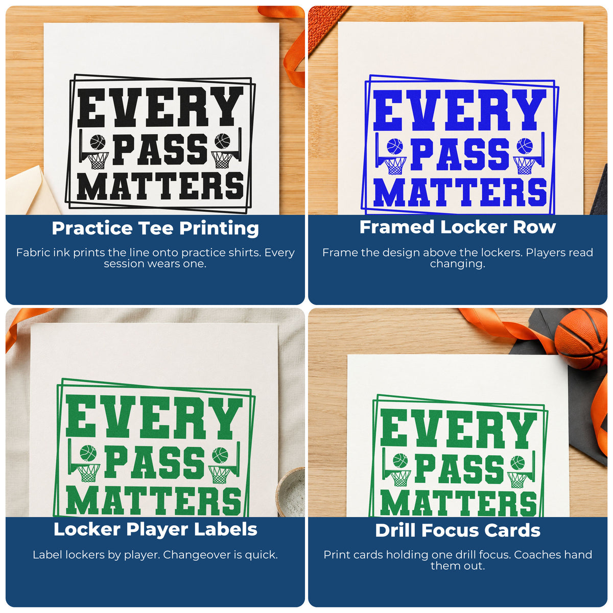Four ways to use the Every Pass Matters Frame Rubber Stamp – Duo Hand: practice tee printing, framed locker row, locker player labels and drill focus cards.