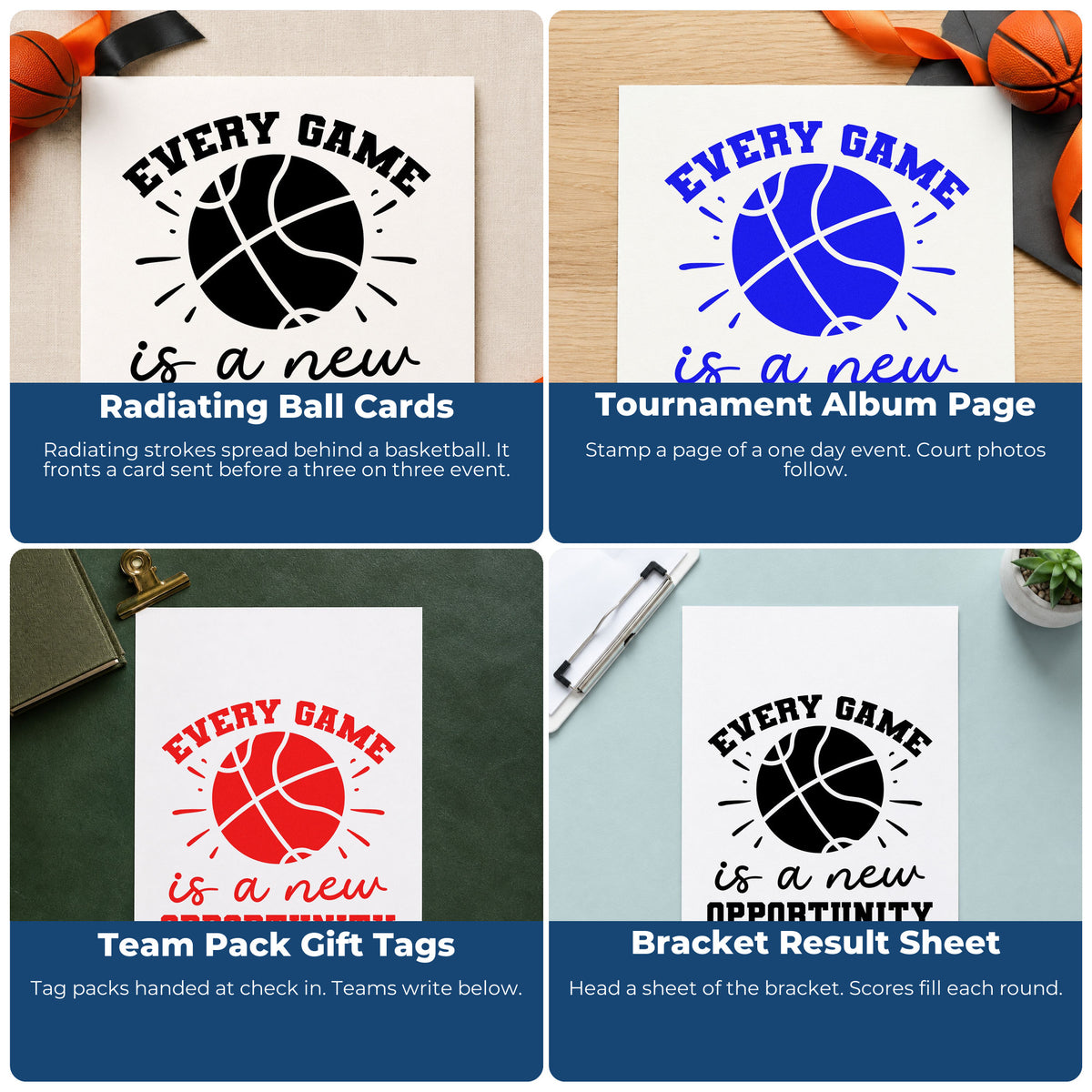 Four ways to use the Every Game Is A New Opportunity Hand Stamp – Duo: radiating ball cards, tournament album page, team pack gift tags and bracket result sheet.