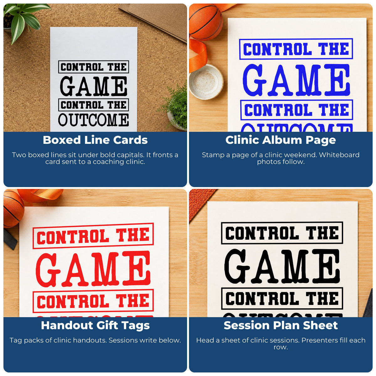 Four ways to use the Control The Game Control The Outcome Compact Pre-Inked Stamp – Slim: boxed line cards, clinic album page, handout gift tags and session plan sheet.