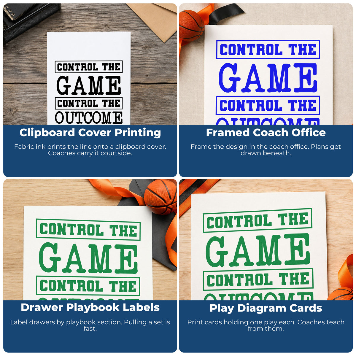 Four ways to use the Control The Game Control The Outcome Self-Inking Stamp: clipboard cover printing, framed coach office, drawer playbook labels and play diagram cards.