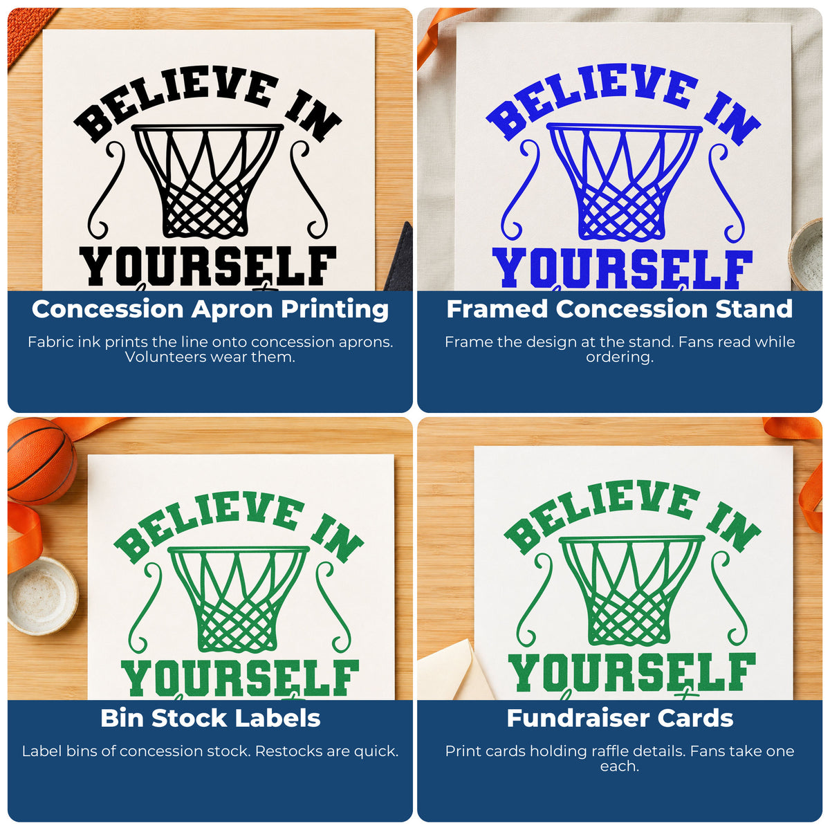 Four ways to use the Believe In Yourself And Your Team Stamp - Premium Vintage Pro Wooden: concession apron printing, framed concession stand, bin stock labels and fundraiser cards.