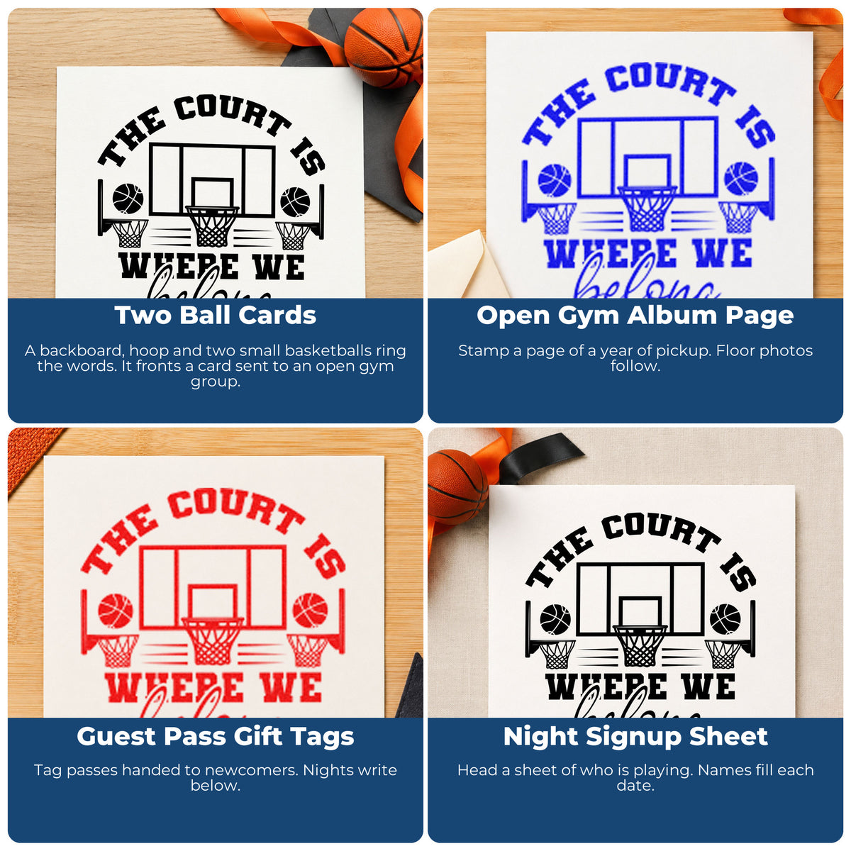 Four ways to use the Court Where We Belong Wood Handle Stamp: two ball cards, open gym album page, guest pass gift tags and night signup sheet.