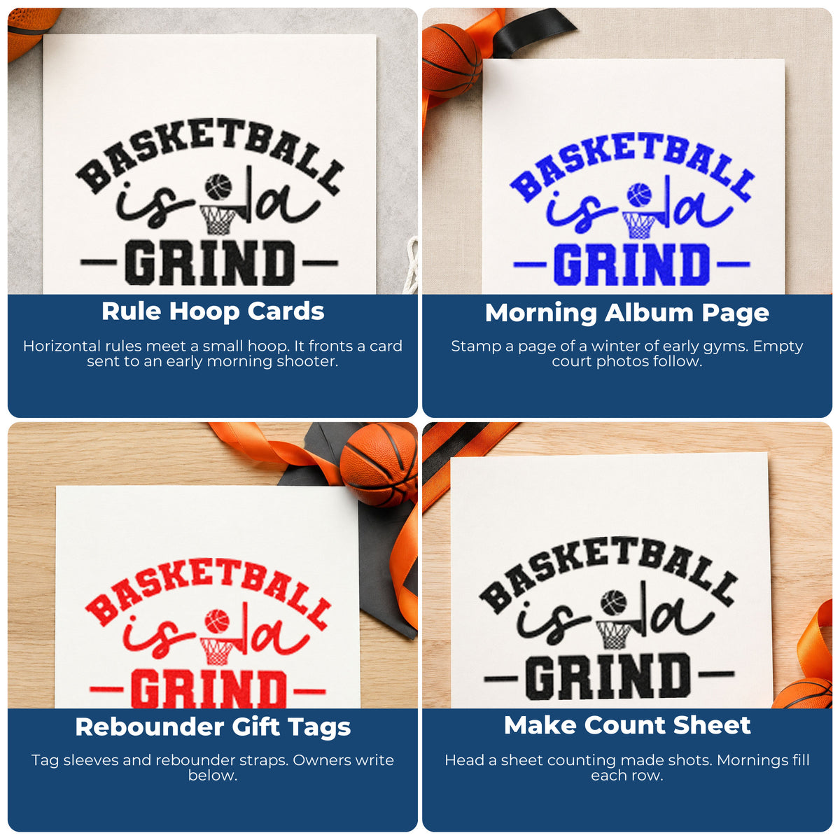 Sports rubber stamp ideas for scrapbooks, coach appreciation cards, birthday parties, and custom gift wrap with basketball designs.
