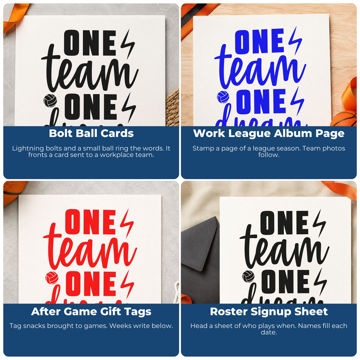 Four ways to use the One Team One Dream Volleyball Pre-Inked Stamp – PSI: bolt ball cards, work league album page, after game gift tags and roster signup sheet.