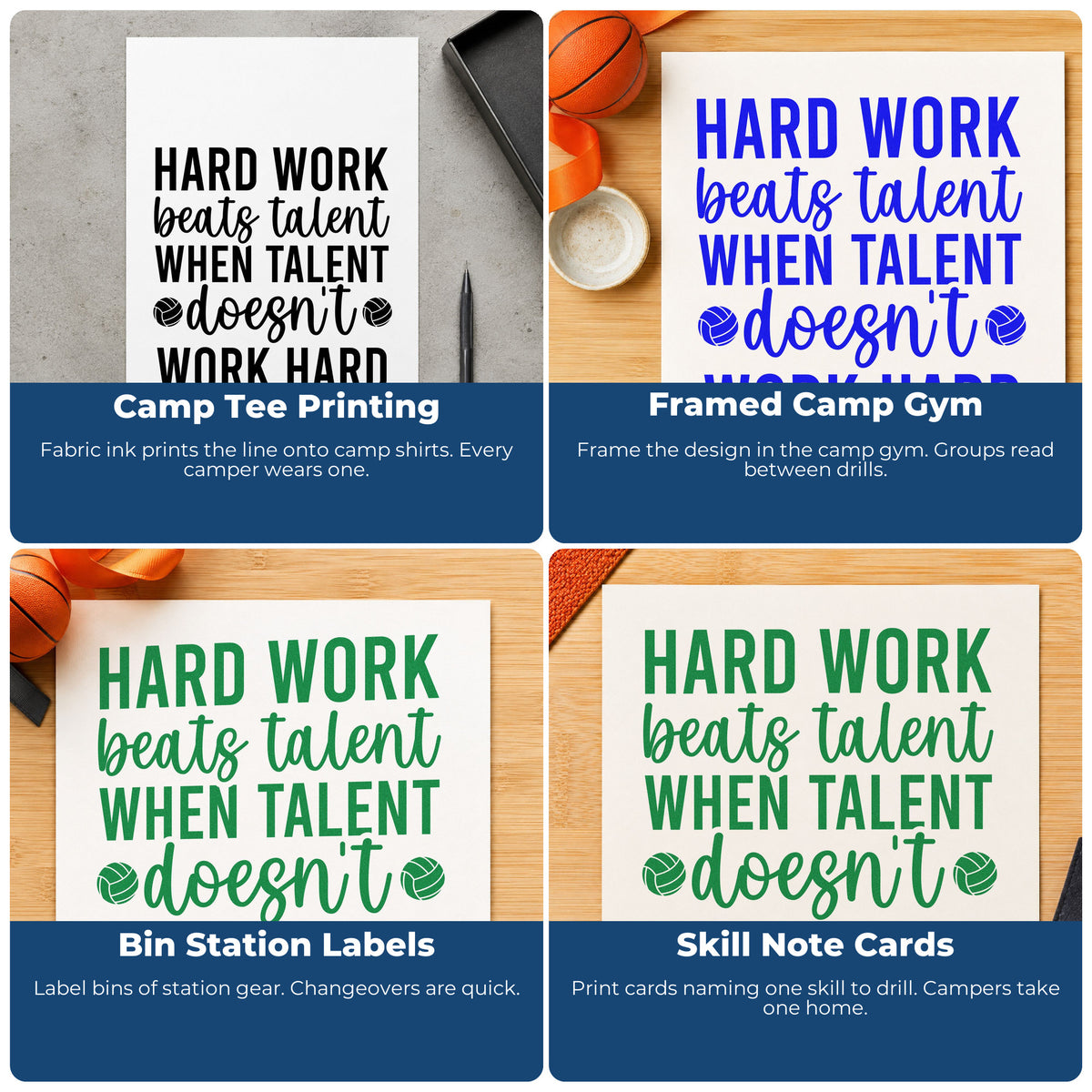 Four ways to use the Hard Work Beats Talent Volleyball Pair Premium Wooden Stamp - Vintage Pro: camp tee printing, framed camp gym, bin station labels and skill note cards.