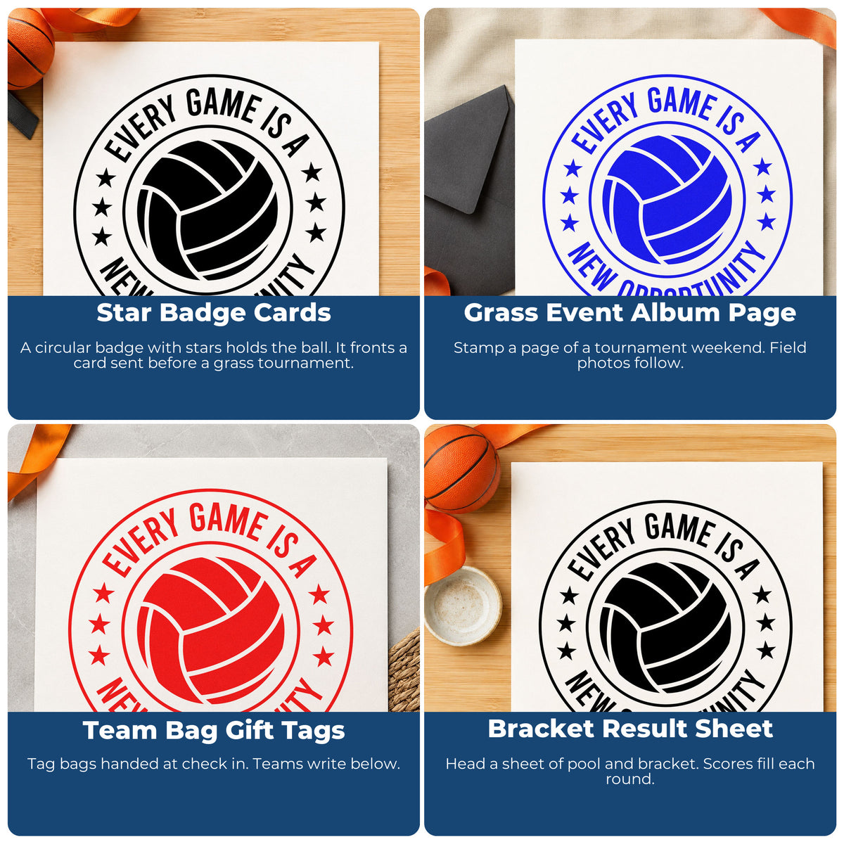Four ways to use the Duo Hand Every Game Is A New Opportunity Badge Rubber Stamp: star badge cards, grass event album page, team bag gift tags and bracket result sheet.