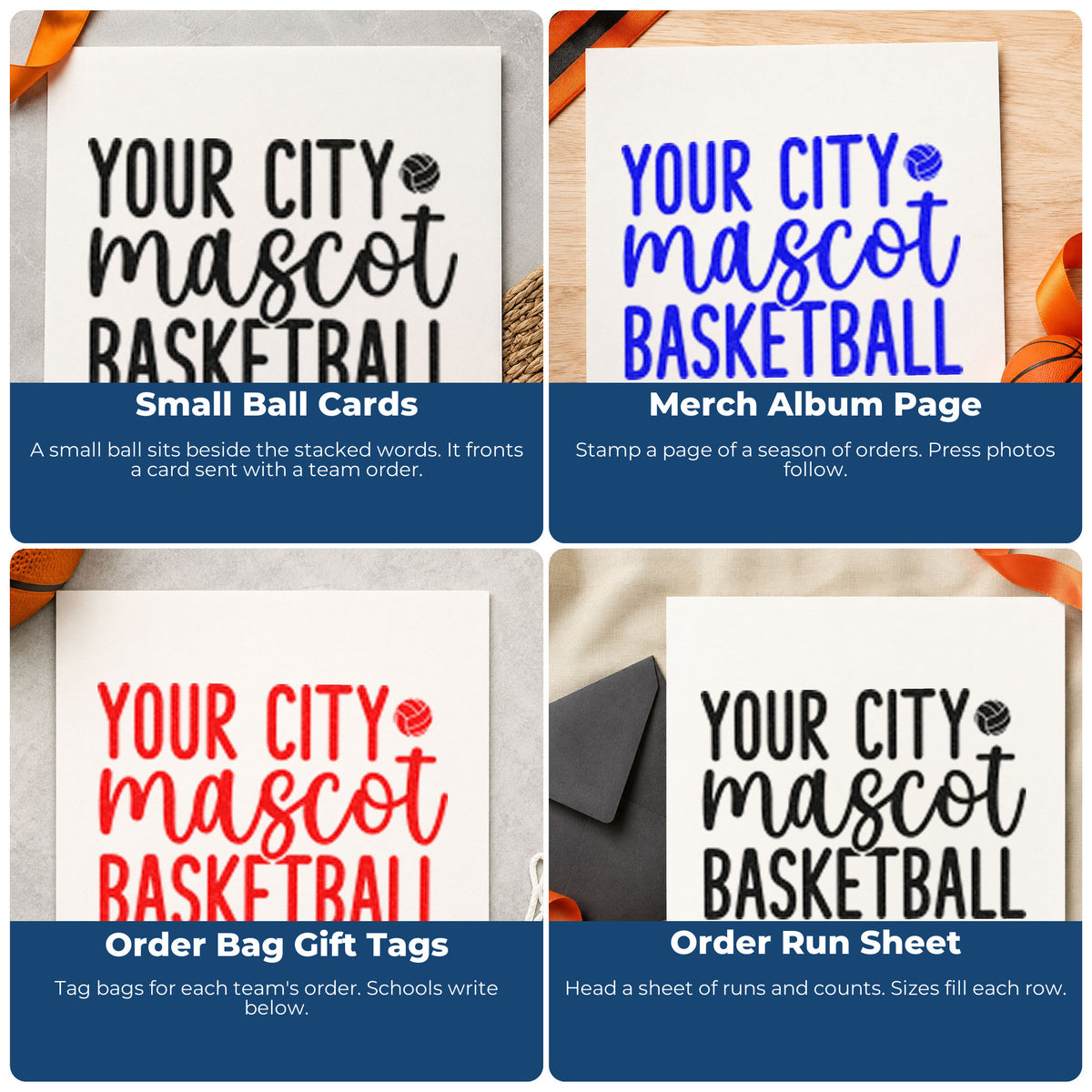 Four ways to use the Your City Mascot Basketball Word Art Self-Inking Stamp: small ball cards, merch album page, order bag gift tags and order run sheet.