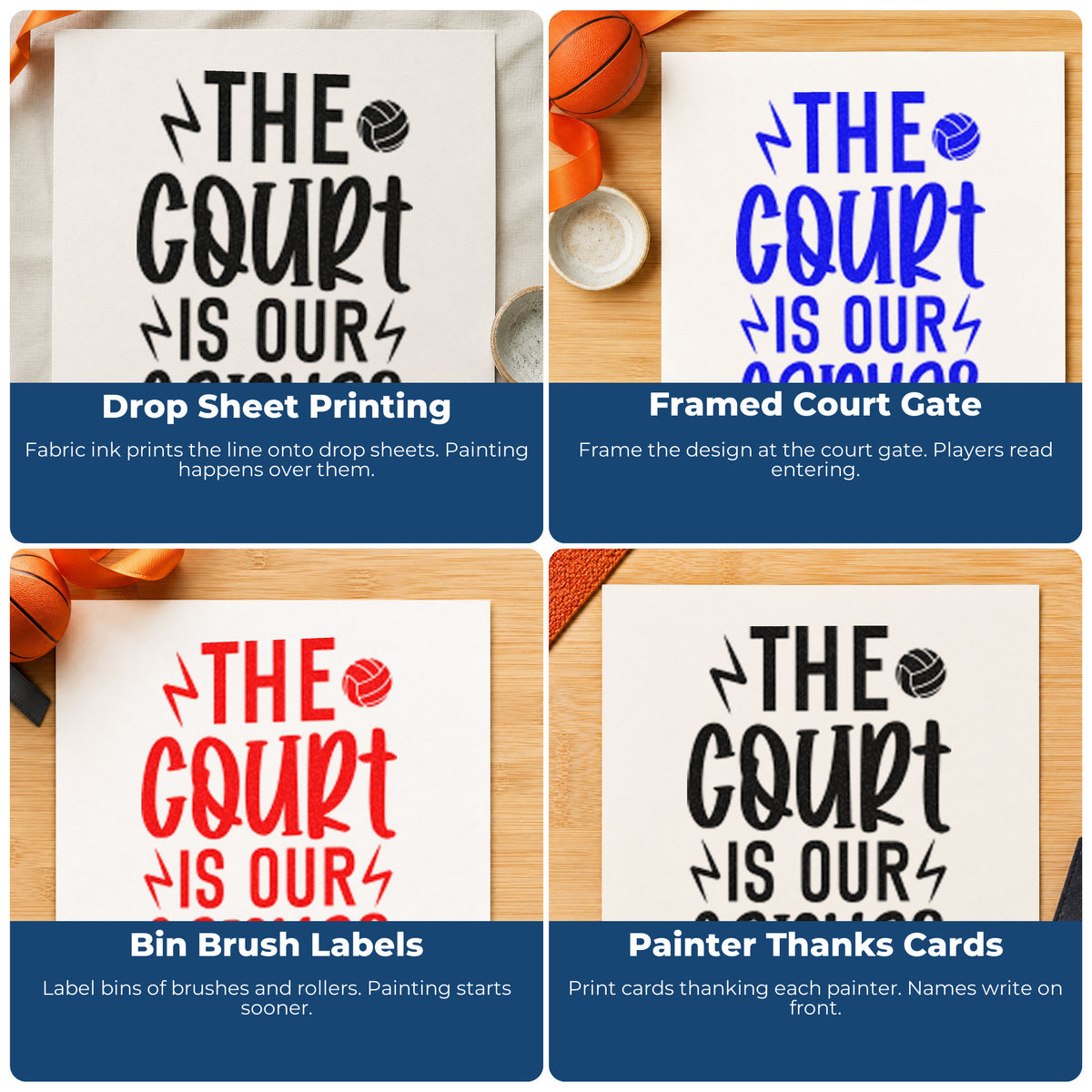 Four ways to use the The Court Is Our Canvas Volleyball Slim Pre-Inked Stamp: drop sheet printing, framed court gate, bin brush labels and painter thanks cards.