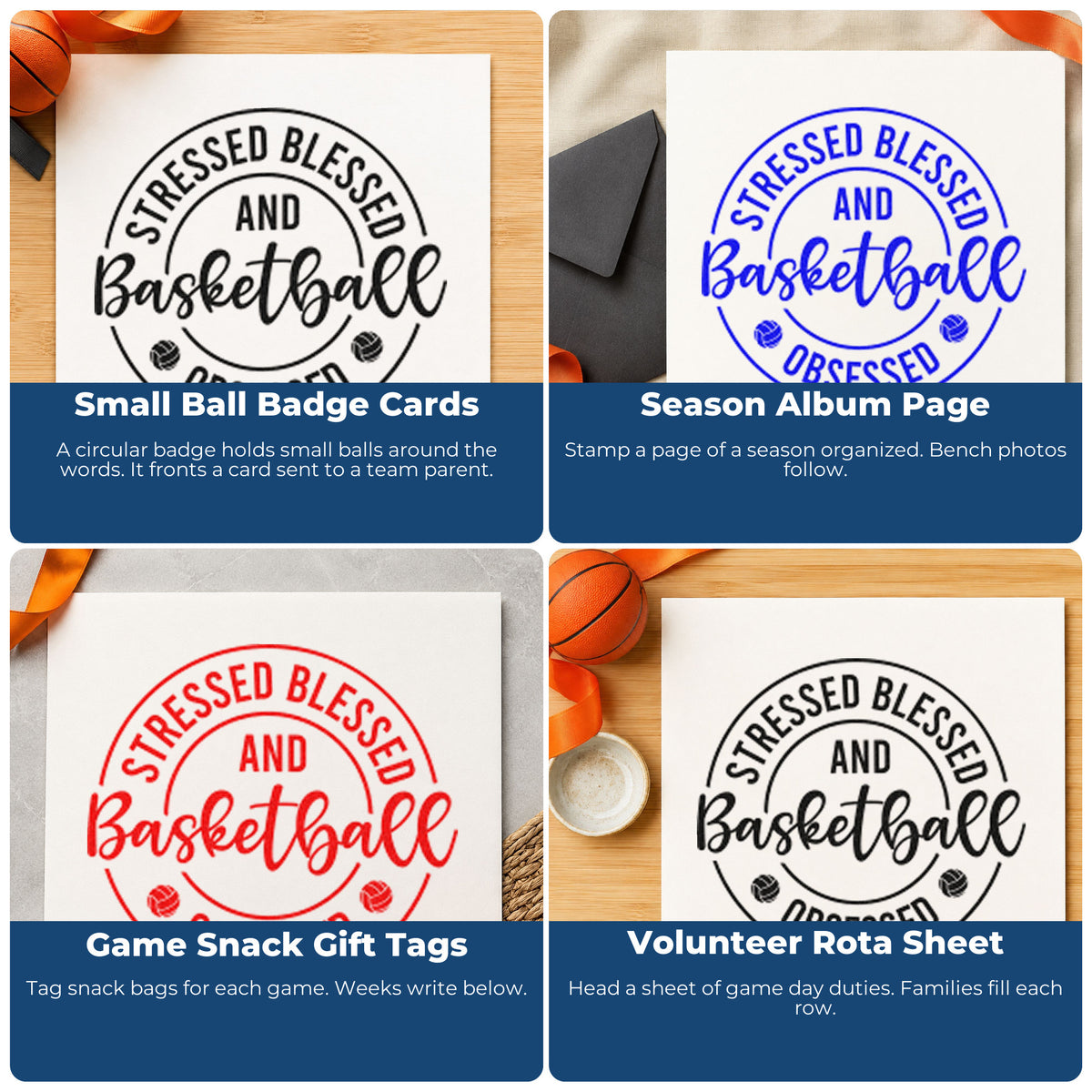 Sports-themed rubber stamps for scrapbooking, coach appreciation cards, birthday parties, and custom gift wrapping.