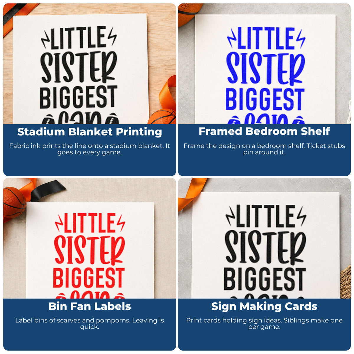 Four ways to use the Little Sister Biggest Fan Lightning Bolt Stamp – Wood Handle: stadium blanket printing, framed bedroom shelf, bin fan labels and sign making cards.