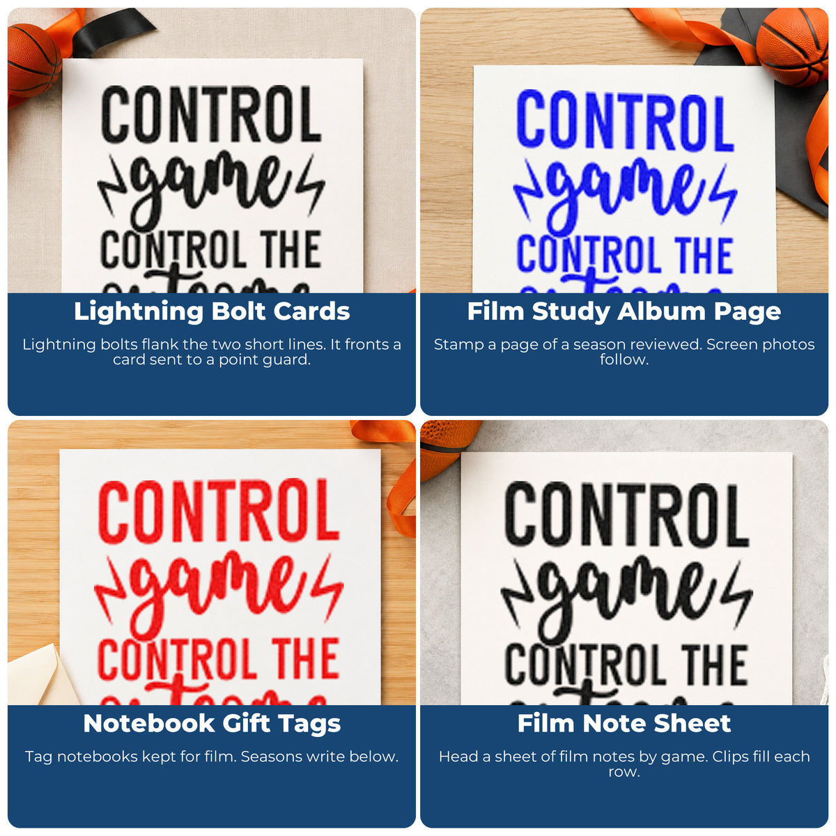 Four ways to use the Slim Pre-Inked Control Game Control The Outcome Stamp: lightning bolt cards, film study album page, notebook gift tags and film note sheet.