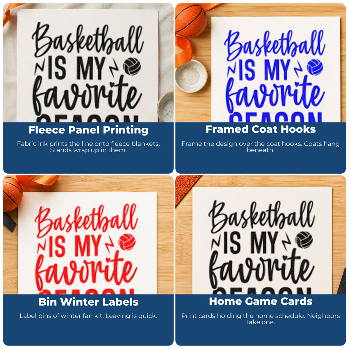 Four ways to use the Basketball Is My Favorite Season Rubber Stamp – Wood Handle: fleece panel printing, framed coat hooks, bin winter labels and home game cards.
