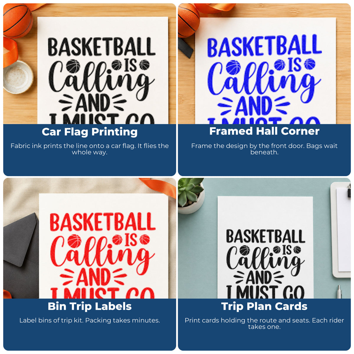 Four ways to use the Basketball Calling Must Go Rubber Stamp – Duo Hand: car flag printing, framed hall corner, bin trip labels and trip plan cards.