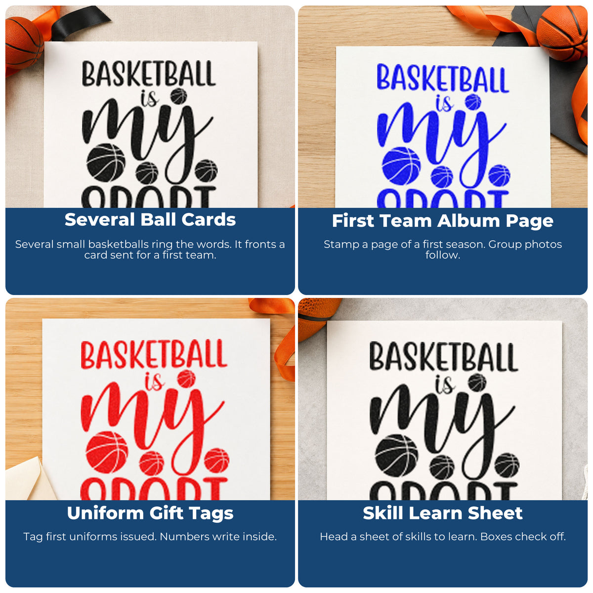 Sports rubber stamp ideas for scrapbooks, coach thank-you cards, birthday parties, and custom gift wrapping.