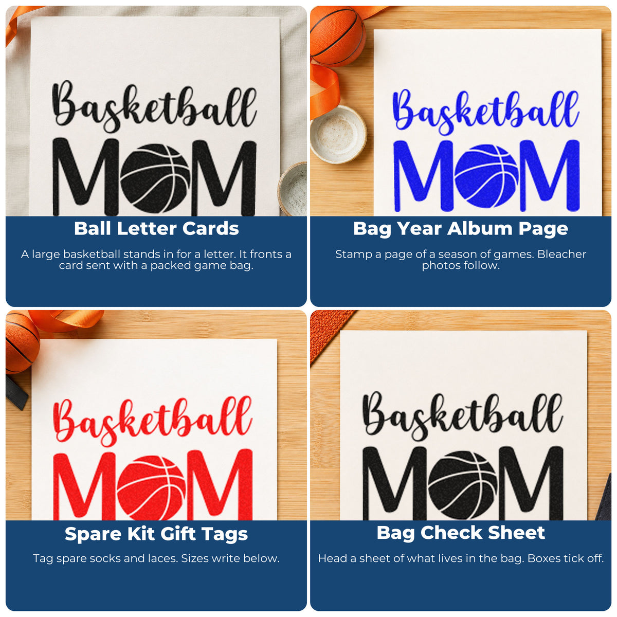 Four ways to use the Self-Inking Basketball Mom Ball Letter Art Stamp: ball letter cards, bag year album page, spare kit gift tags and bag check sheet.