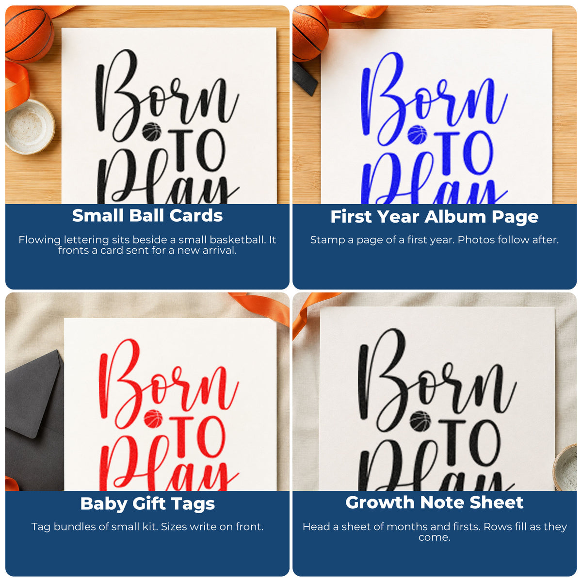 Sports rubber stamps for scrapbooks, coach thank-you cards, birthday parties, and custom gift wrapping with basketball designs.