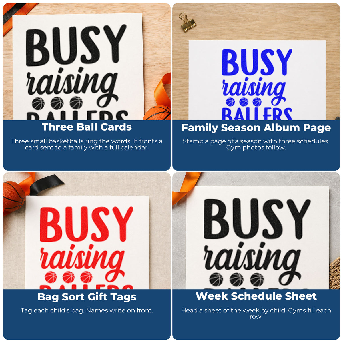Four ways to use the Busy Raising Ballers Quote Slim Pre-Inked Stamp: three ball cards, family season album page, bag sort gift tags and week schedule sheet.