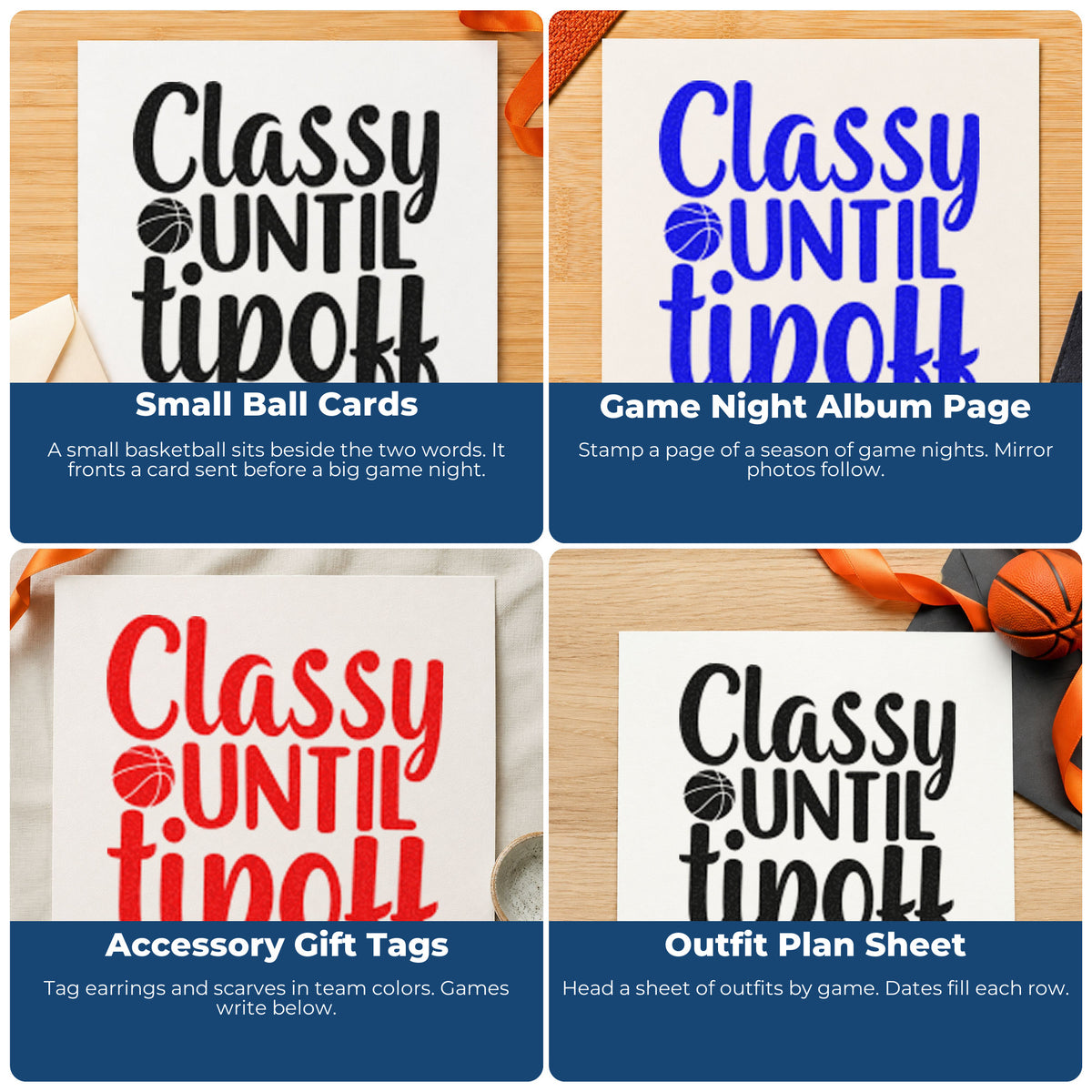 Four ways to use the Duo Hand Classy Until Tipoff Basketball Rubber Stamp: small ball cards, game night album page, accessory gift tags and outfit plan sheet.