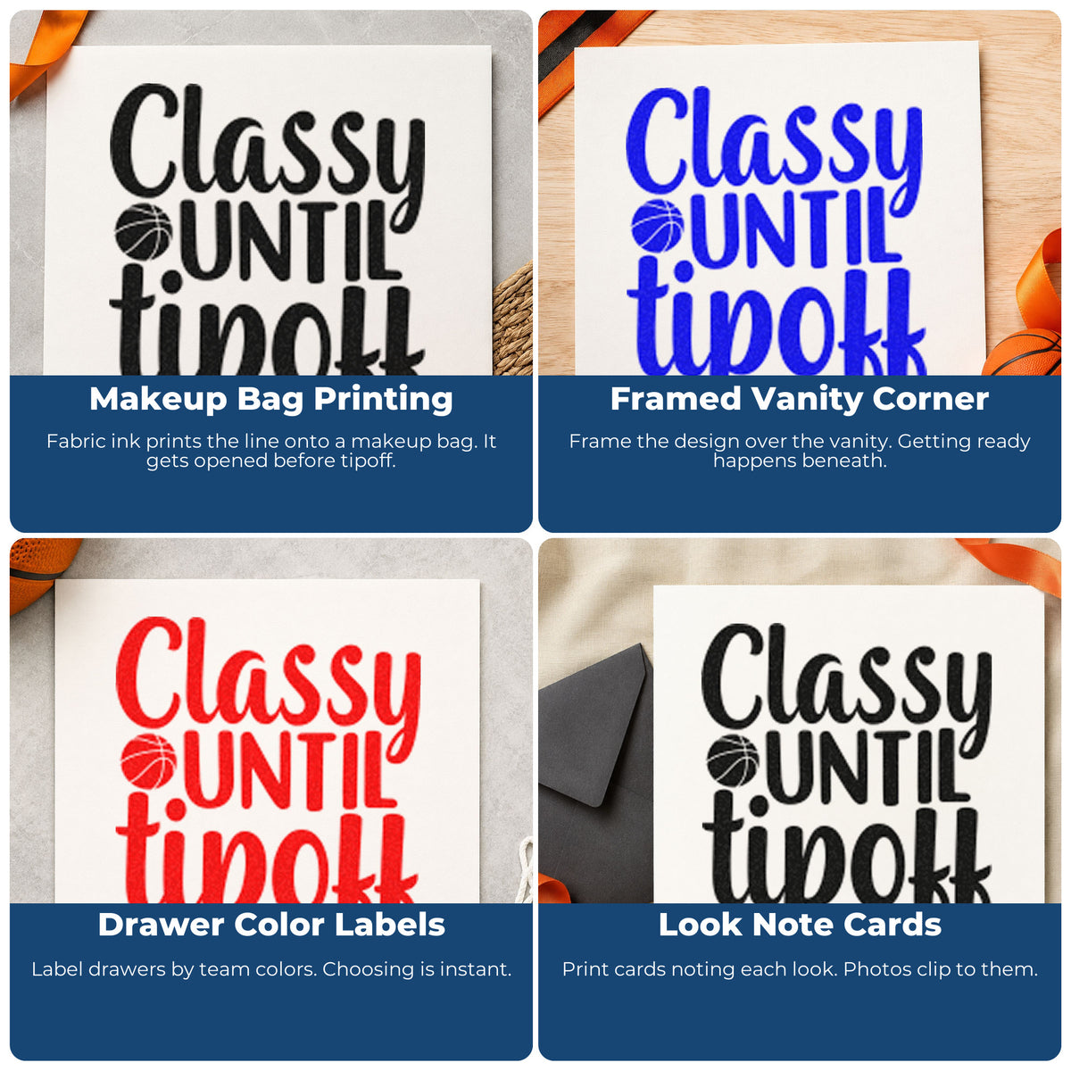 Four ways to use the Pre-Inked Classy Until Tipoff Basketball Stamp – PSI: makeup bag printing, framed vanity corner, drawer color labels and look note cards.