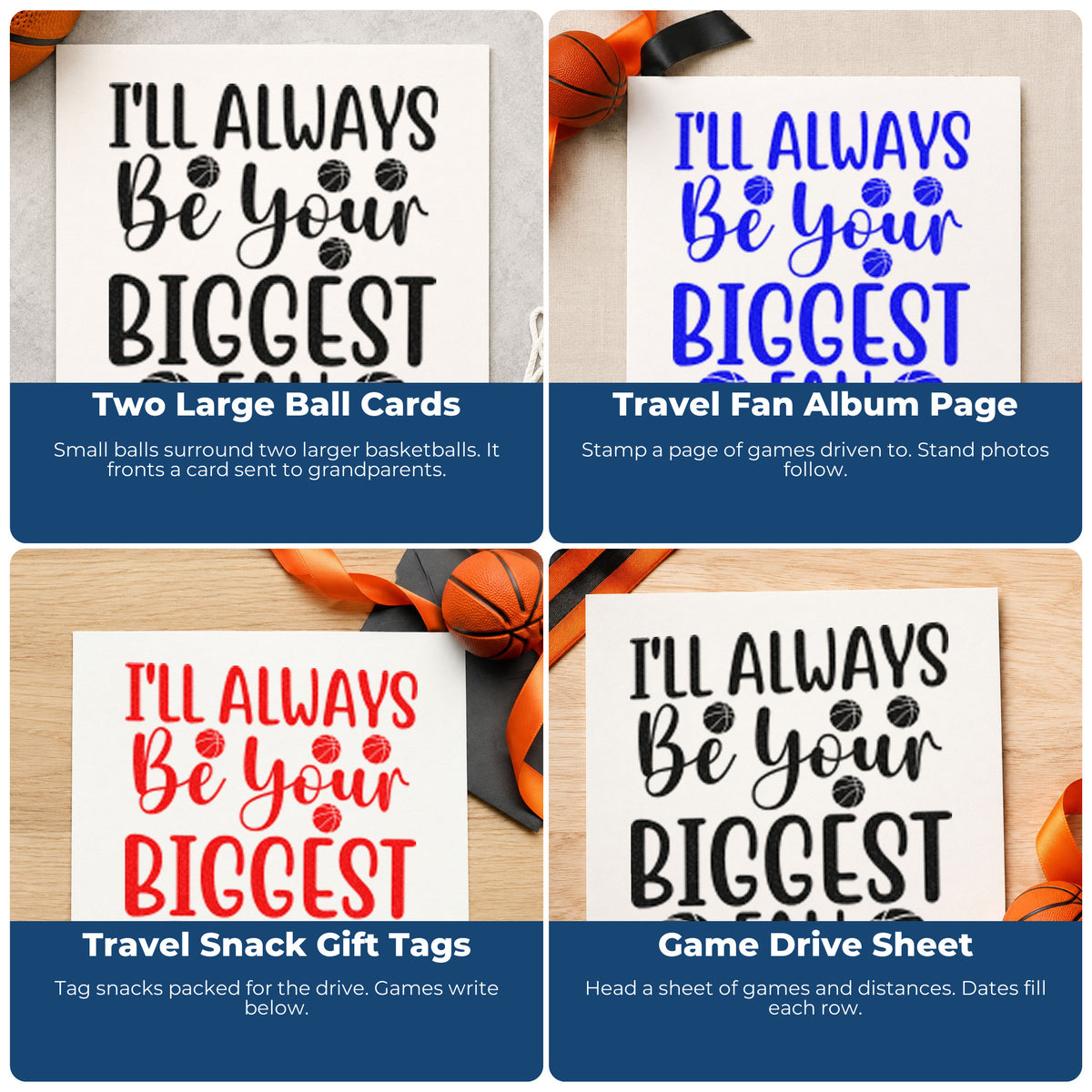 Four ways to use the PSI Pre-Inked Always Your Biggest Fan Stamp: two large ball cards, travel fan album page, travel snack gift tags and game drive sheet.