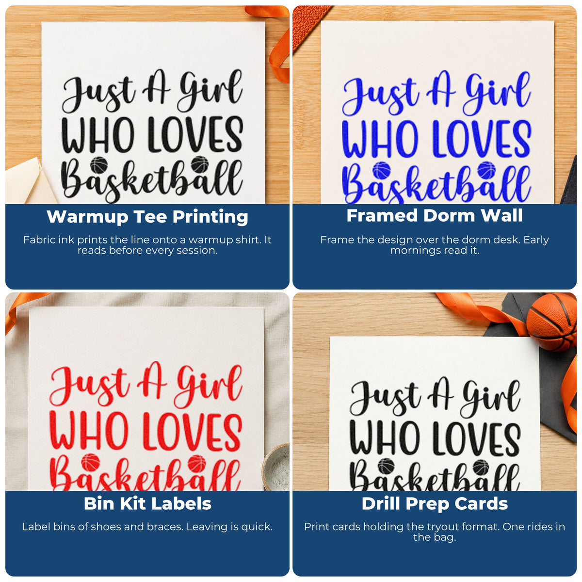Four ways to use the Just A Girl Who Loves Basketball Stamp - Premium Vintage Pro Wooden: warmup tee printing, framed dorm wall, bin kit labels and drill prep cards.