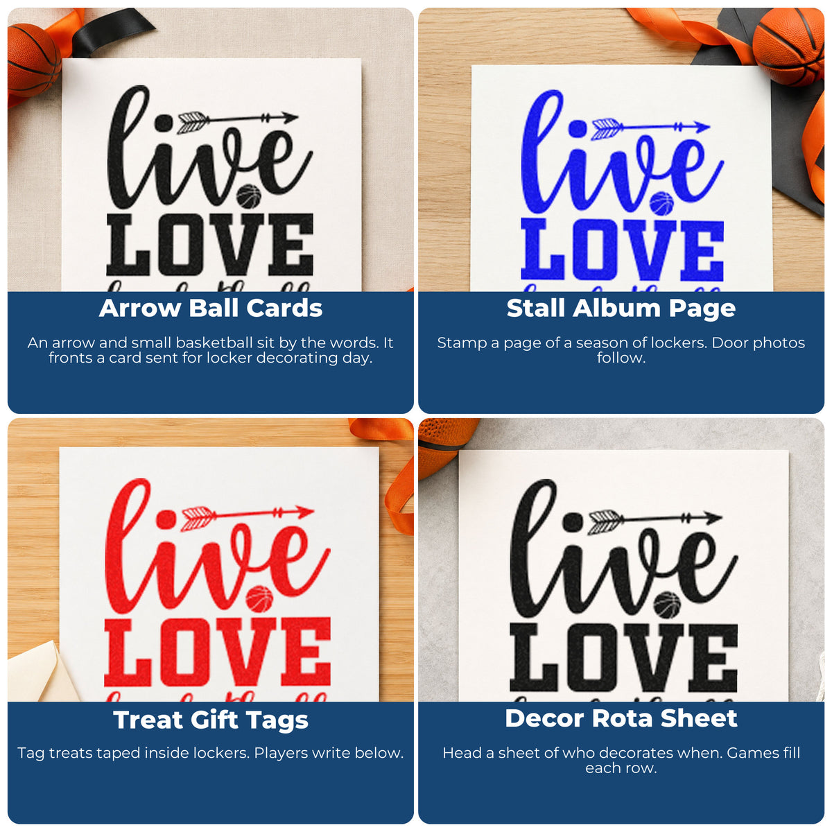 Four ways to use the Live Love Basketball Arrow PSI Pre-Inked Stamp: arrow ball cards, stall album page, treat gift tags and decor rota sheet.
