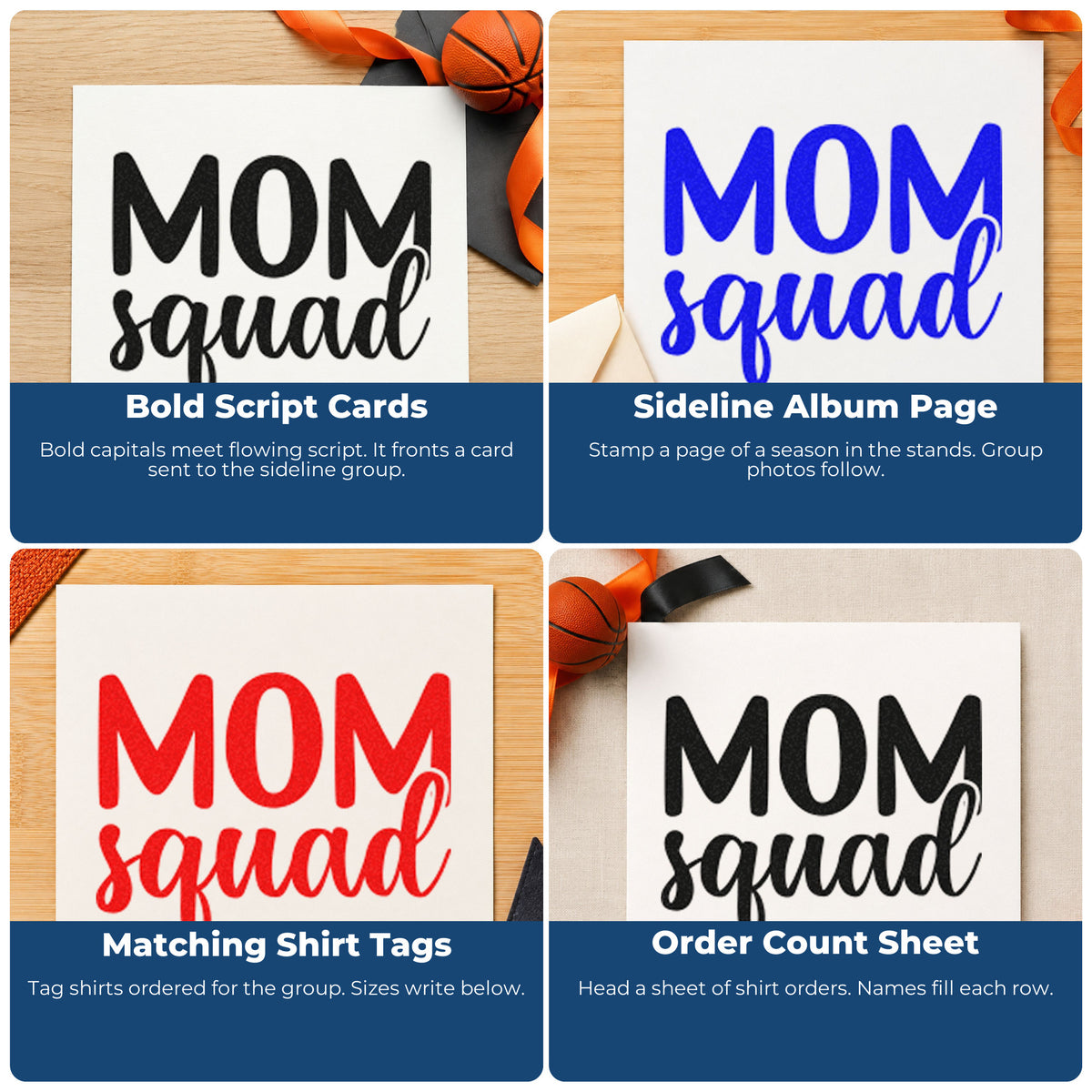 Four ways to use the Mom Squad Stamp – Slim Pre-Inked: bold script cards, sideline album page, matching shirt tags and order count sheet.