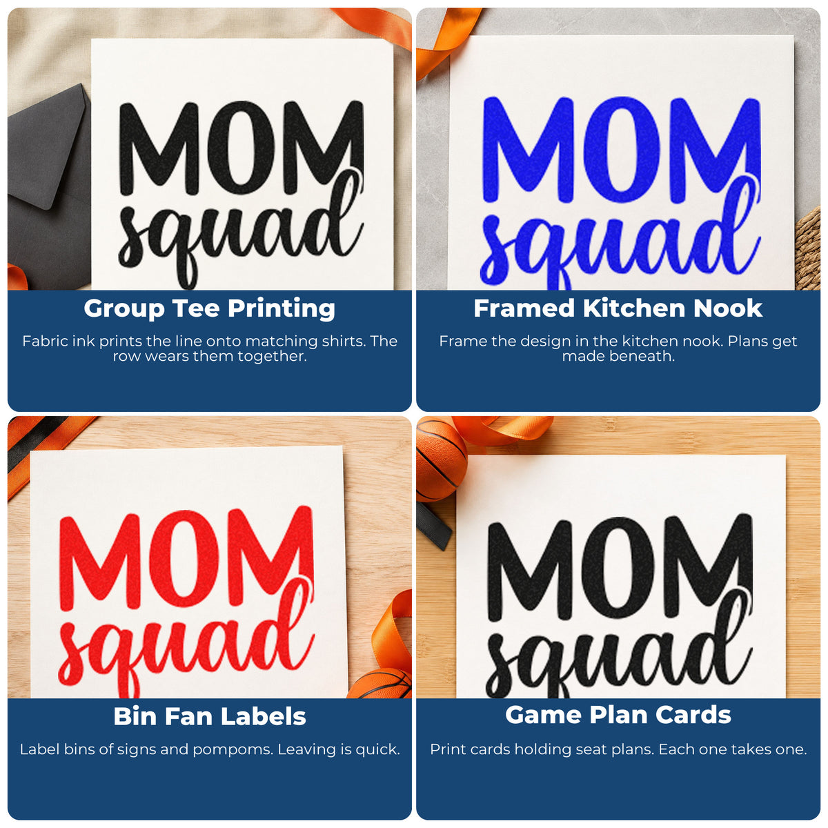 Four ways to use the Mom Squad Stamp – Slim Pre-Inked: group tee printing, framed kitchen nook, bin fan labels and game plan cards.