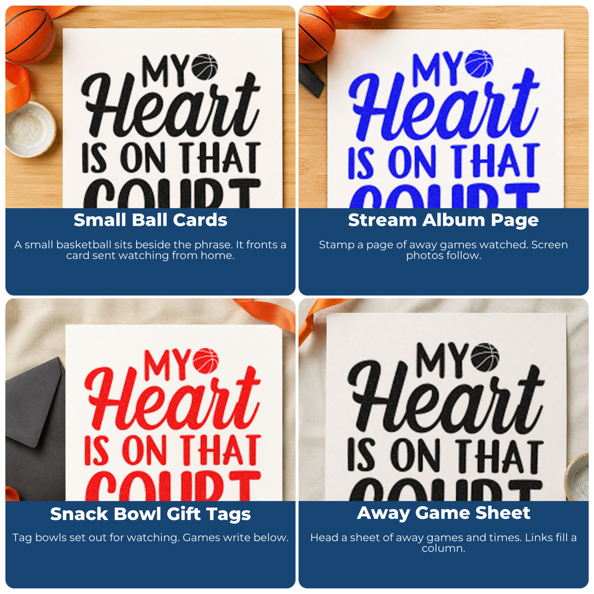 Four ways to use the Heart On That Court Rubber Stamp – Duo Hand: small ball cards, stream album page, snack bowl gift tags and away game sheet.