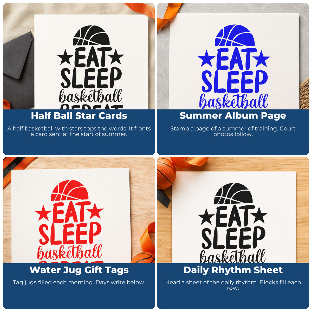 Sports rubber stamp ideas for scrapbooks, coach cards, sports birthday parties, and custom gift wrapping.