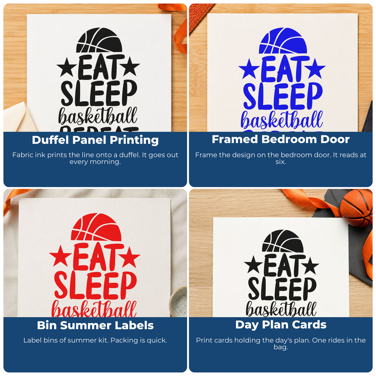 Basketball rubber stamp examples for journals, event flyers, kids crafts, and handmade product packaging.