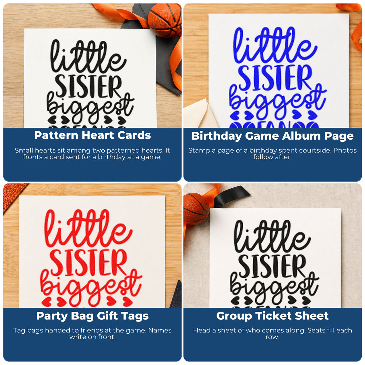 Four ways to use the Little Sister Biggest Fan Basketball Slim Pre-Inked Stamp: pattern heart cards, birthday game album page, party bag gift tags and group ticket sheet.