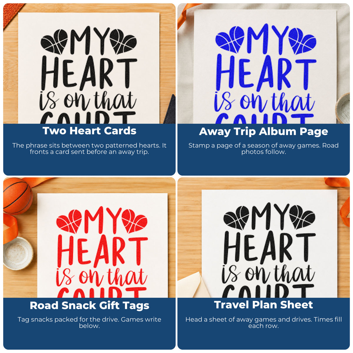 Four ways to use the My Heart Is On That Court Stamp – Duo Hand: two heart cards, away trip album page, road snack gift tags and travel plan sheet.