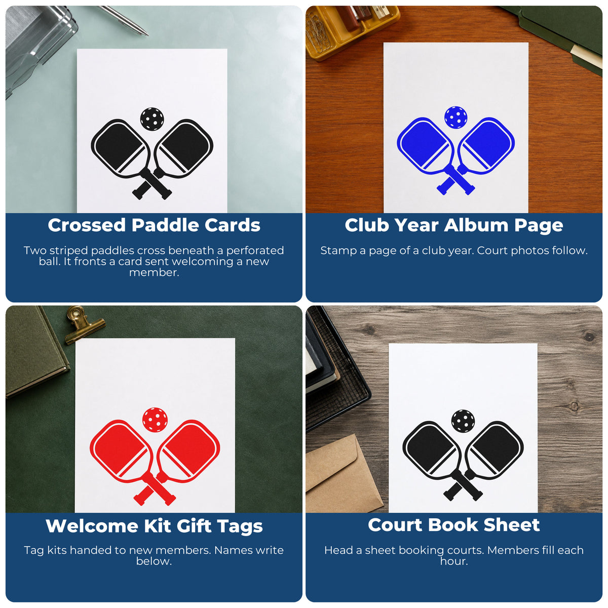 Four ways to use the Crossed Pickleball Paddles Ball PSI Pre-Inked Stamp: crossed paddle cards, club year album page, welcome kit gift tags and court book sheet.