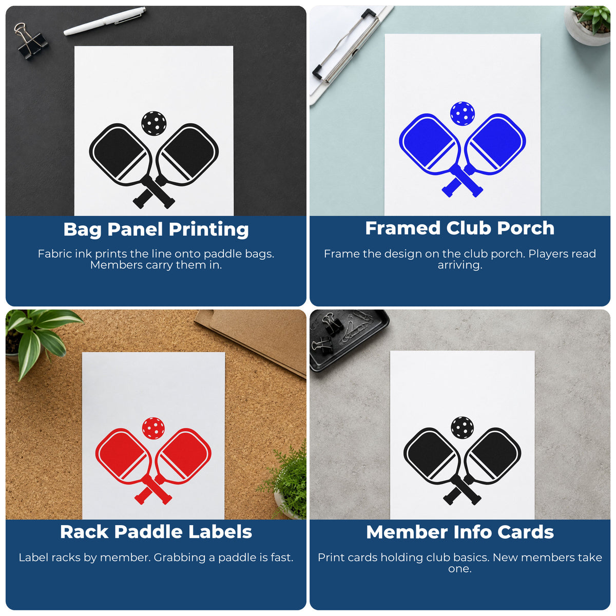 Four ways to use the Wood Handle Crossed Pickleball Paddles Ball Rubber Stamp: bag panel printing, framed club porch, rack paddle labels and member info cards.