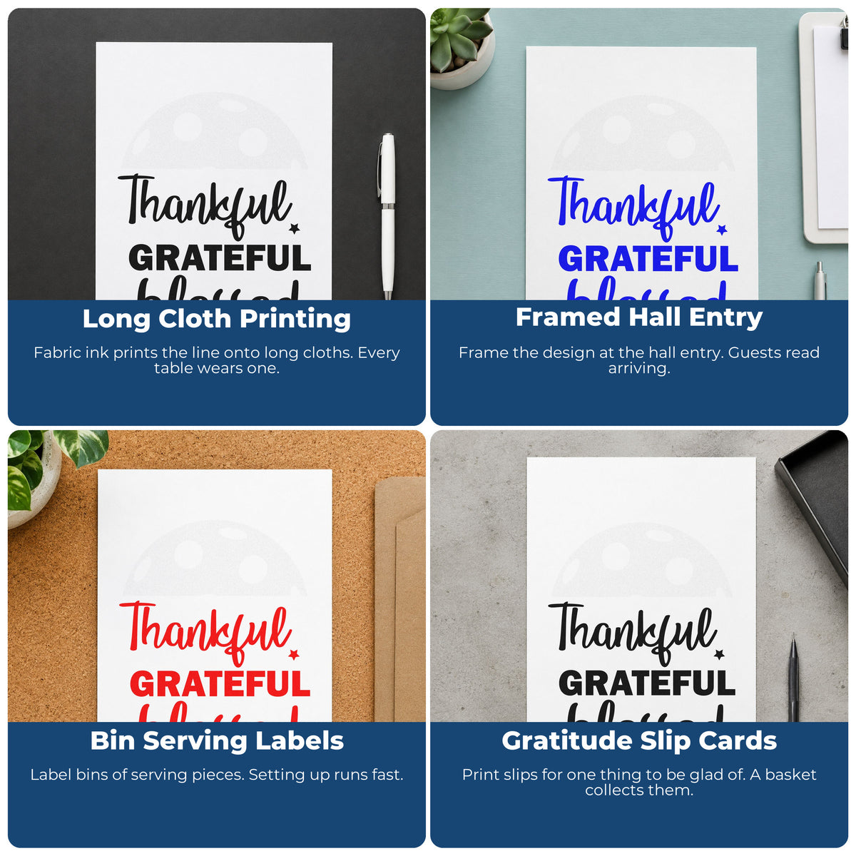 Four ways to use the Thankful Grateful Blessed Rubber Stamp – Wood Handle: long cloth printing, framed hall entry, bin serving labels and gratitude slip cards.