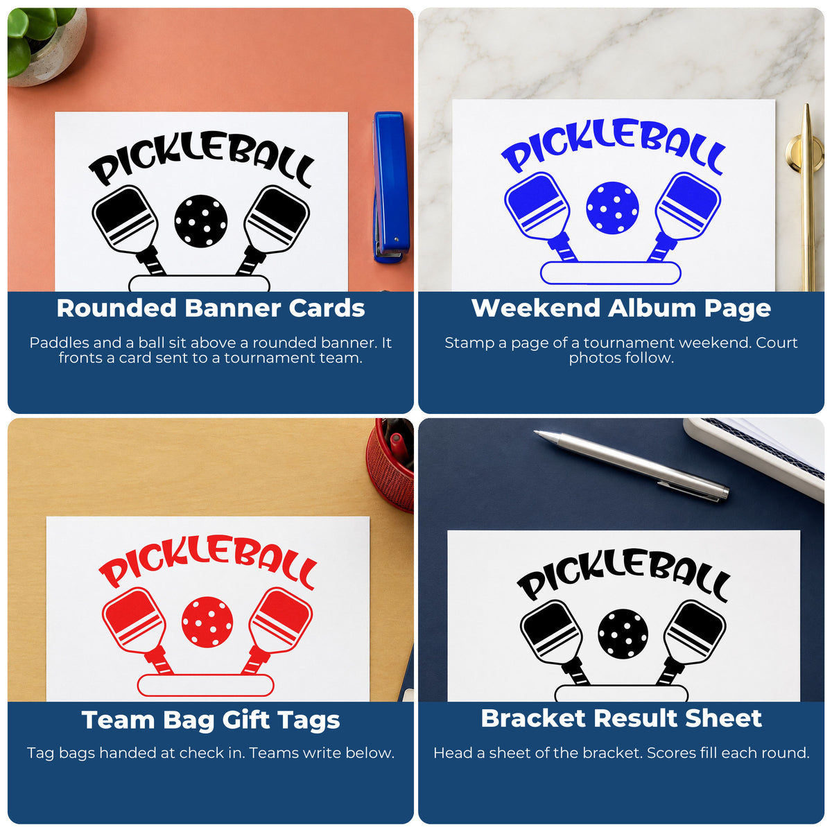 Four ways to use the Pickleball Paddles Blank Banner Pre-Inked Stamp – Slim: rounded banner cards, weekend album page, team bag gift tags and bracket result sheet.