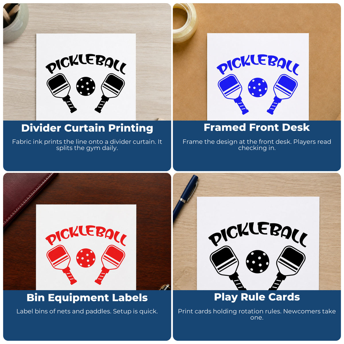 Four ways to use the Self-Inking Pickleball Paddles And Ball Stamp: divider curtain printing, framed front desk, bin equipment labels and play rule cards.